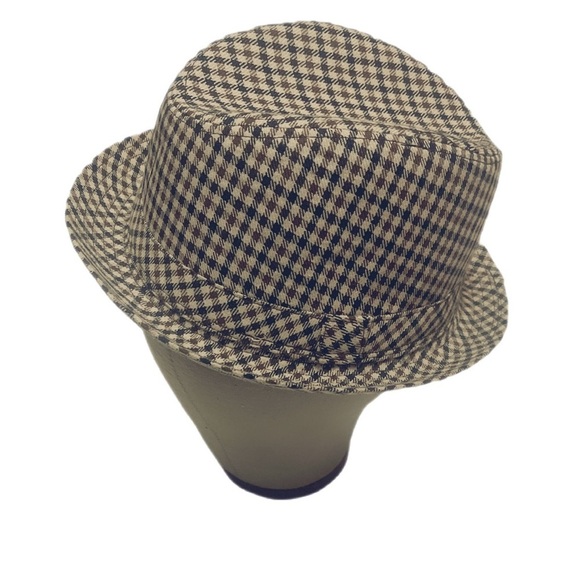 Brown blue casual Trendy structured cross striped Tweed unisex fedora hat OS - Picture 2 of 5